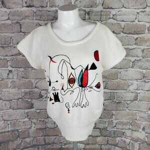 Vintage  80s Embroidered Abstract Line Art Scoop Neck Sweater Measures Medium